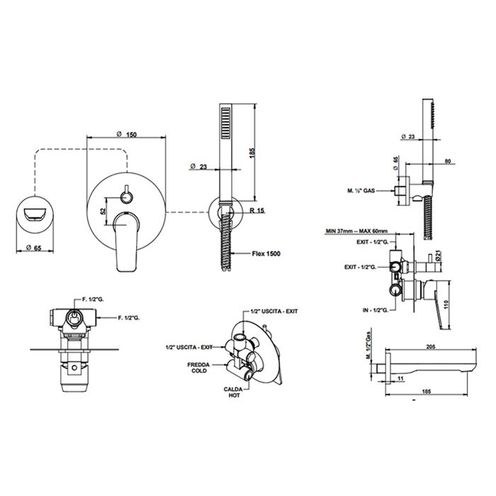Bongio GIO2 Смеситель для ванны скрытого монтажа с изливом 206мм и ручной лейкой цвет: хром (без встраив части 9763 )