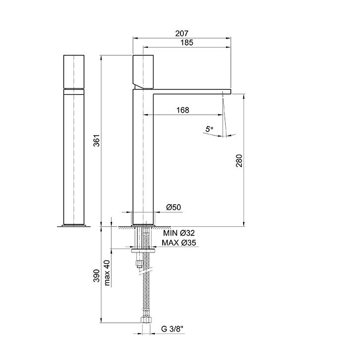Fantini Milano Смеситель для раковины, 1 отв., без донного клапана, излив 170мм, h=280мм, цвет: матовая натуральная сталь