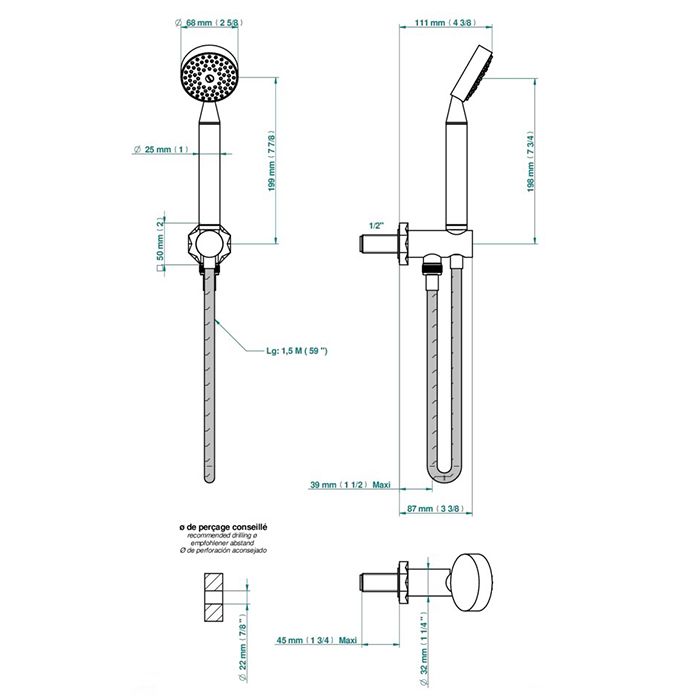 THG NIHAL PORCELAINE IVOIRE Душевой комплект с ручным душем, держатель с подводом воды и шланг 1500 мм., цвет Soft gold