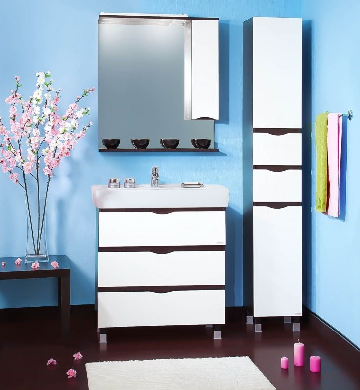 Зеркало со шкафом Бриклаер Токио 80 с подсветкой L Венге Белый глянец