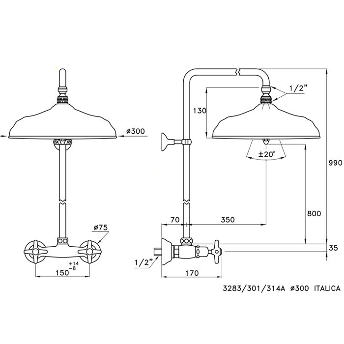 Stella Italica Душевой комплект 3283/301/314A-300: смеситель, штанга+верхний душ 300мм, цвет: хром