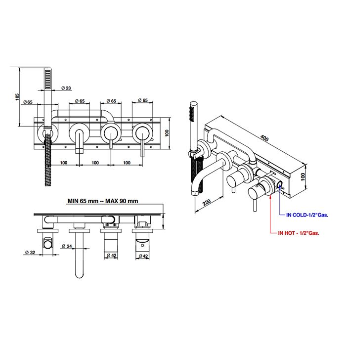 BONGIO ON Смеситель для ванны встраиваемый, однорычажный, с изливом и ручным душем, цвет хром (без встраиваемой части 0969000VA), артикул 68550CRADPREU
