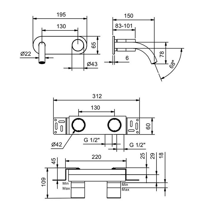Fantini Nice Смеситель для раковины, встраиваемый, на 2 отв, без донного клапана, излив 150мм (наружняя часть), цвет: хром
