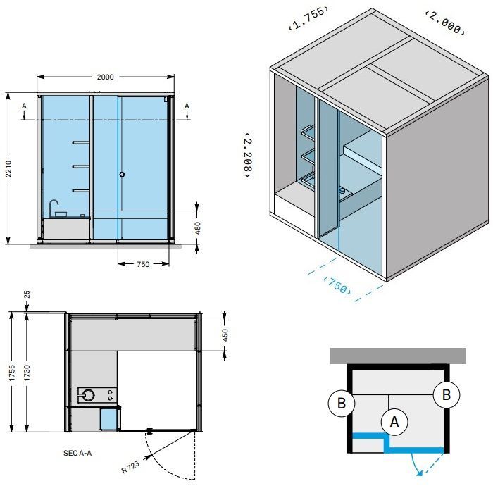 Effegibi BodyLove H Хаммам 200x176xh220 см, размещение пристенное L.H., отделка керамогранит Champagne, наружные стены керамогранит Champagne