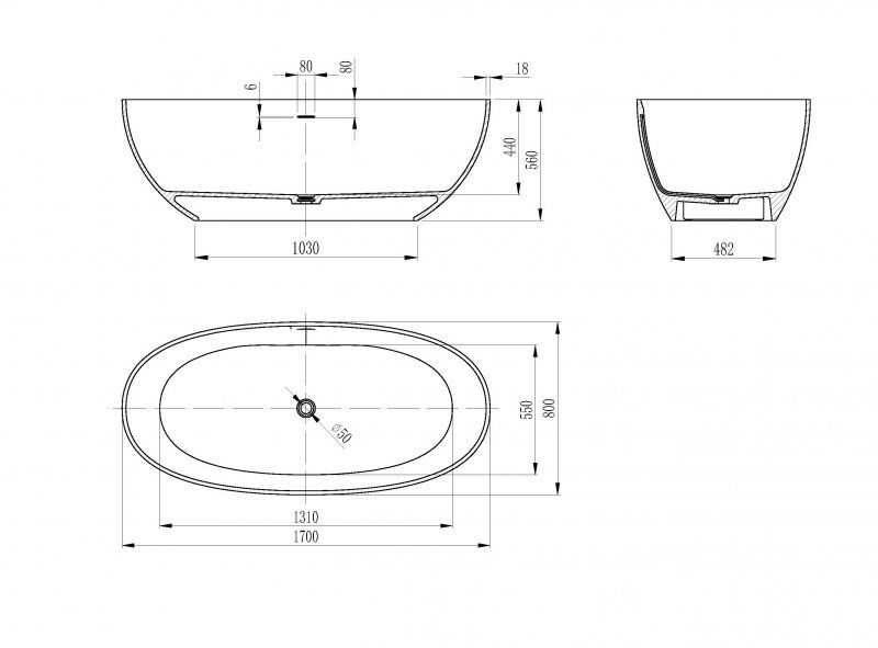 Ванна из искусственного камня Solid Surface 1700x800x560, CEZARES CZR-RELAX2.0-170-80-56-SSB, артикул CZR-RELAX2.0-170-80-56-SSB