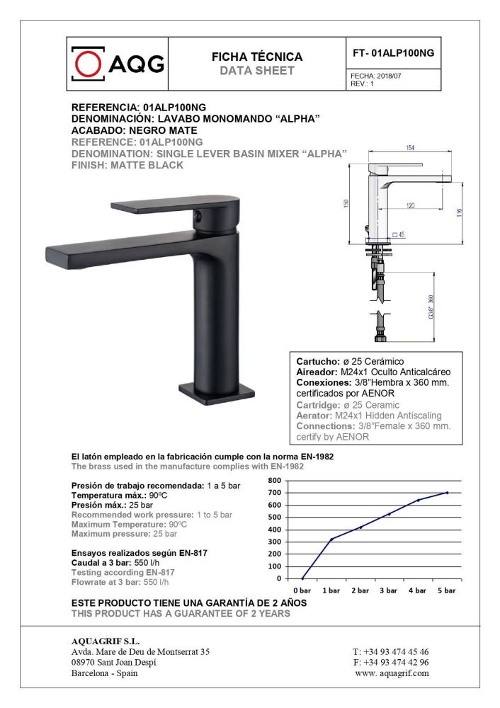 AQG Alpha, однорычажный смеситель для раковины без донного клапана, цвет черный матовый, артикул 01ALP100NG