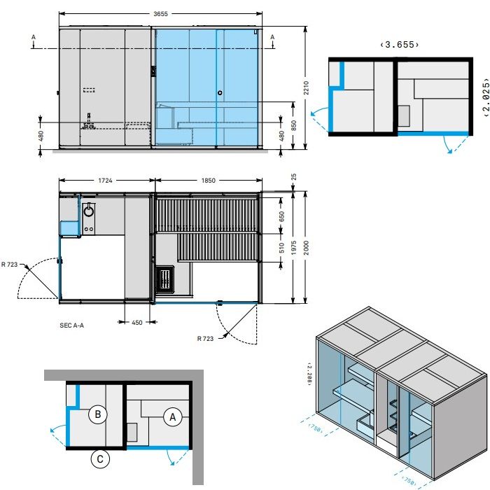 Effegibi BodyLove SH  365x202xh220 см, размещение в угол D.X., отделка сауны термообр. древесина, хаммам и наружные стены без отделки