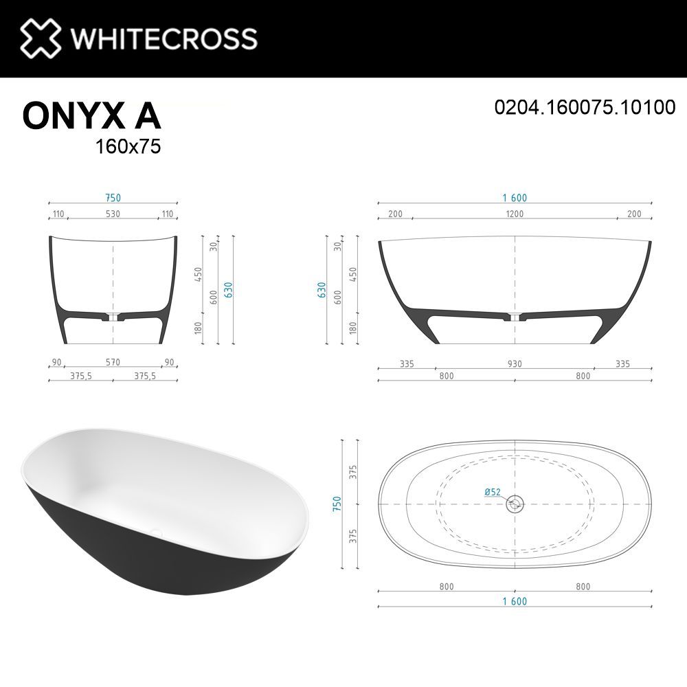Ванна WHITECROSS Onyx A 160x75 (черный/белый глянец) иск. камень