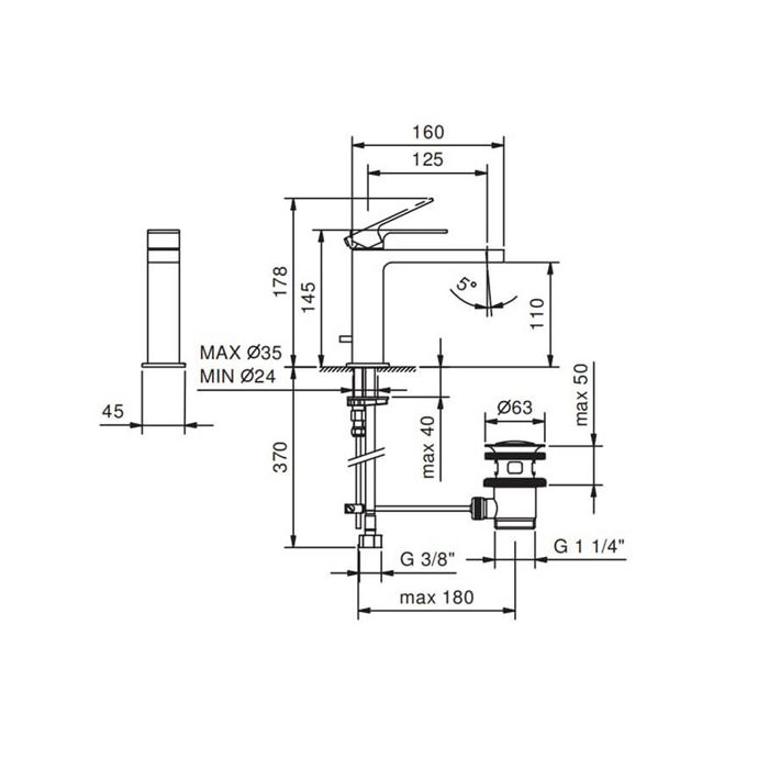 FANTINI MINT Смеситель для раковины на 1 отверстие, однорычажный, излив 125 мм., с нажимным донным клапаном, матовая натуральная сталь