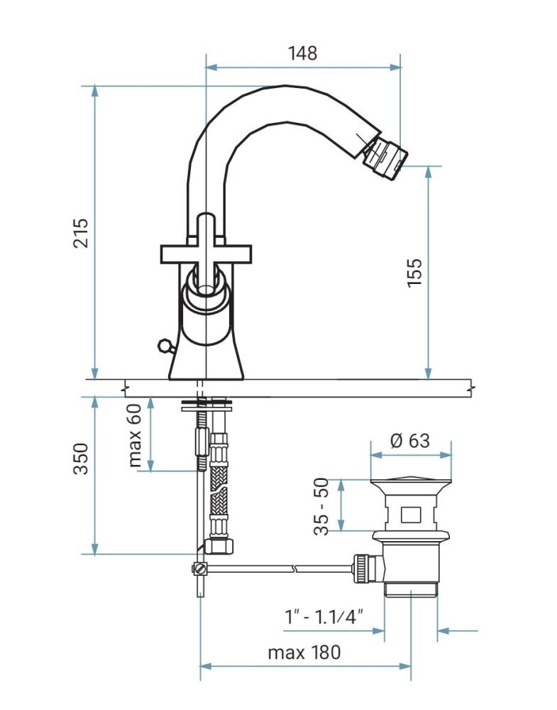Emmevi Spirit New, двухвентильный смеситель (h21,5 см) для биде с поворотным изливом и донным клапаном, цвет черный матовый
