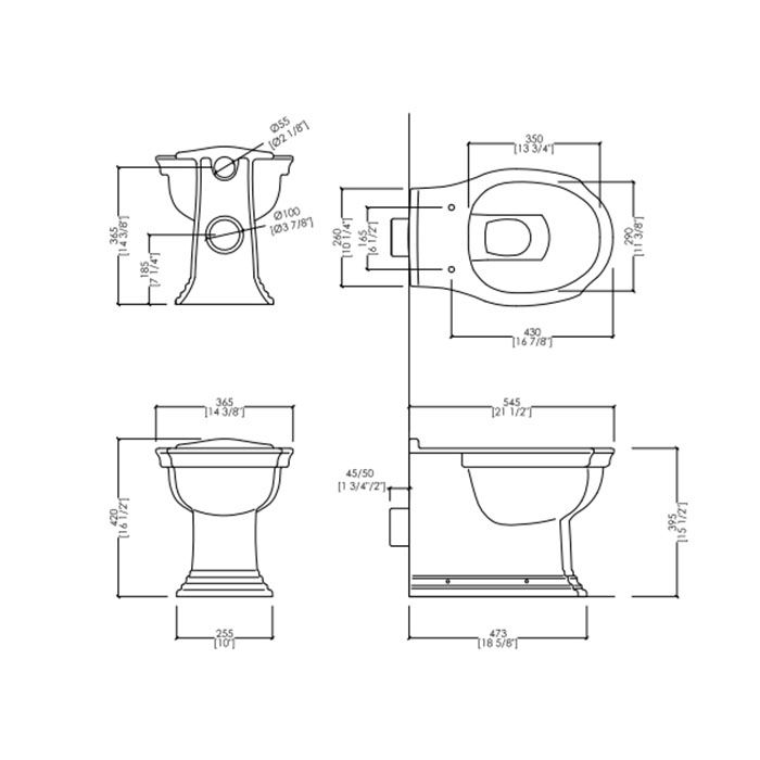 Devon Westminster Унитаз напольный пристенный (54,5х36,5см) для встроенного бачка, горизонтальный выпуск, цвет: белый