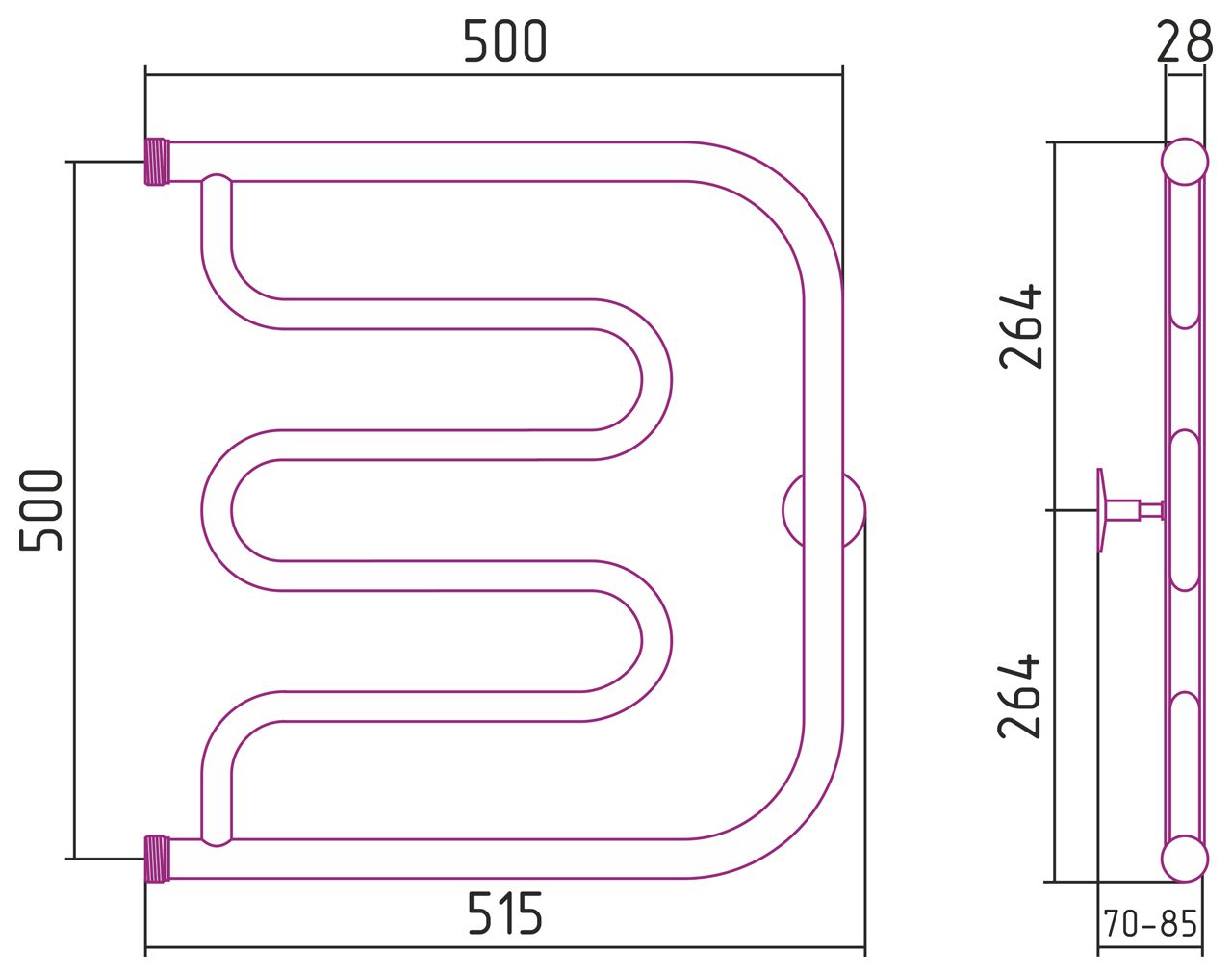 Полотенцесушитель "СТИЛЬЕ" ТАНДЕМ 500х500 резьба-сгон 1" (Без покрытия)