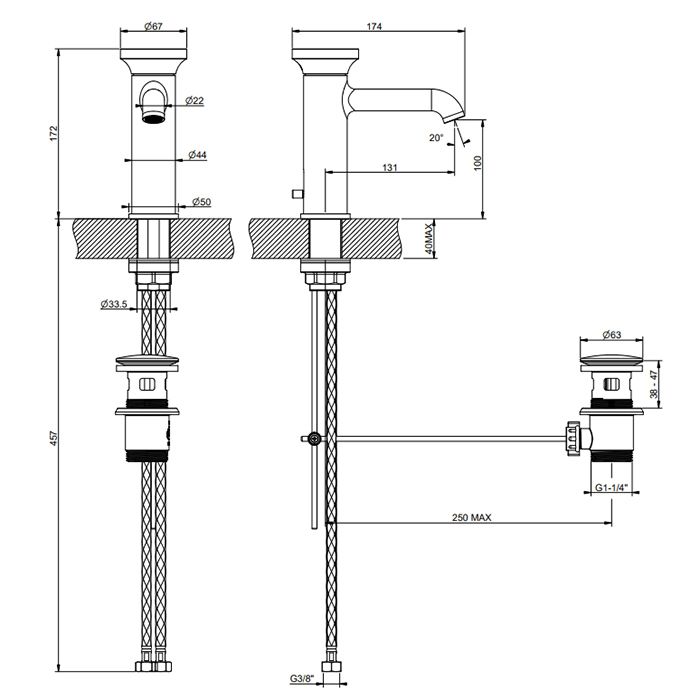 GESSI Origini Смеситель для раковины с донным клапаном, в компл с отд вставкой, цвет Black Metal Brushed PVD