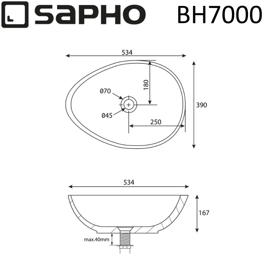 Раковина-чаша PUNC из искусственного камня, со сливом, 53x39см, на столешницу, белый песчаник, Sapho Раковина-чаша PUNC из искусственного камня, со сливом, 53x39см, на столешницу, белый песчаник, Sapho