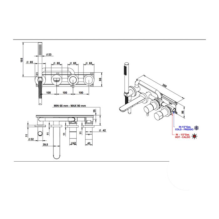 Bongio GIO3 Смеситель для ванны встроенный на 4 отв, с дивертором , цвет: хром (с внутр частью 0969000VA)