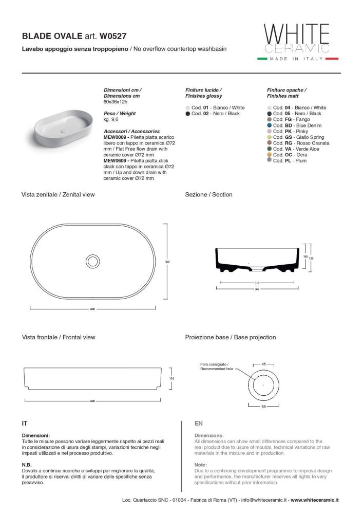 White Ceramic Blade, накладная овальная раковина 60x36x12h см в комплекте с донным клапаном, цвет белый глянцевый, артикул W0527SET01/Blade