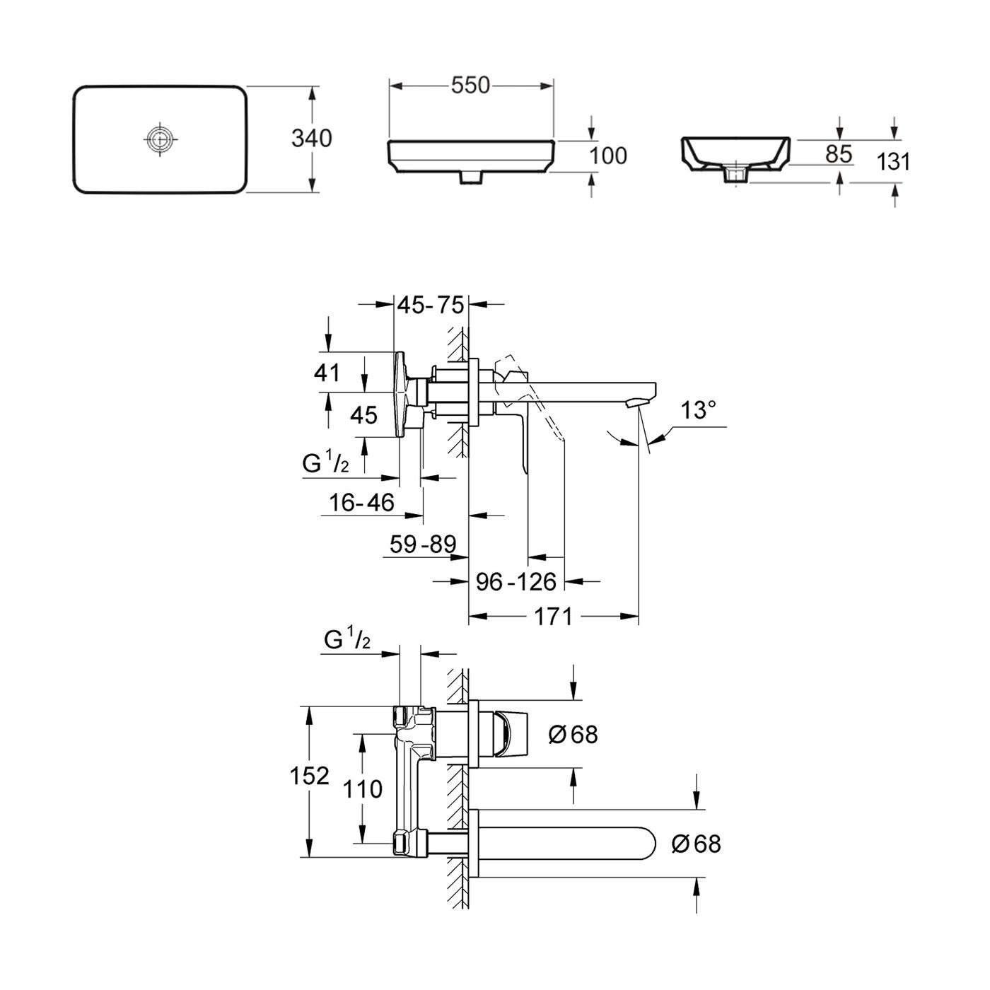 Комплект 2 в 1 Lavinia Boho Bathroom Sink Slim 21510177, накладная фарфоровая раковина 55 см, встраиваемый смеситель со скрытым механизмом