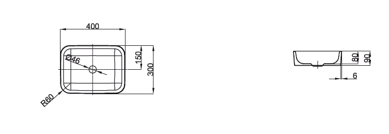 BETTEART Раковина накладная 30х40х9 cм, без отв под смеситель, без перелива, с креплением. цвет белый