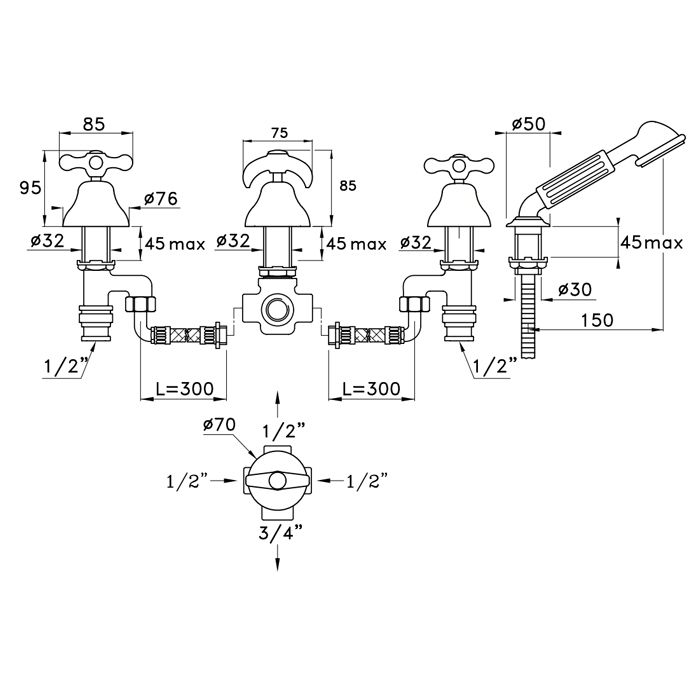 Stella Roma Смеситель на борт ванны на 4 отверстия 3256TR/308 без излива, цвет: хром
