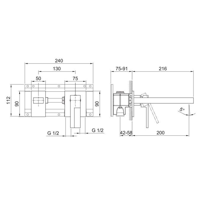 Fantini AR/38 Смеситель для раковины, встраиваемый, на 2 отв, без донного клапана, излив 200мм (наружняя часть), цвет: хром