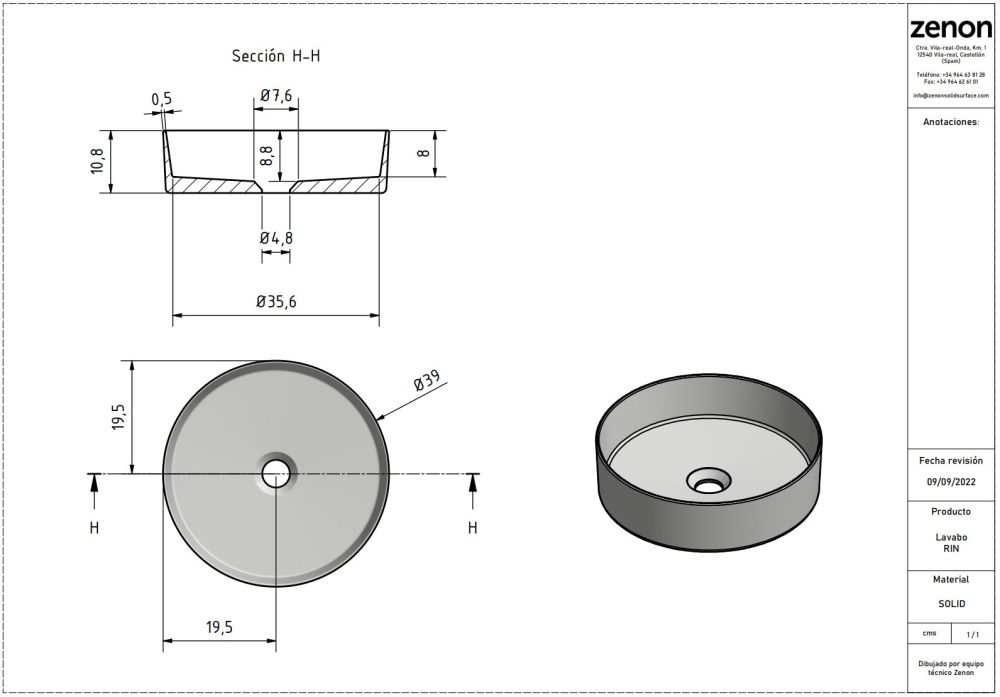 Zenon Rin, накладная раковина круглой формы без отверстия под смеситель, 39х39х10,8 см, цвет белый матовый, артикул 4000.000.000.000.09349
