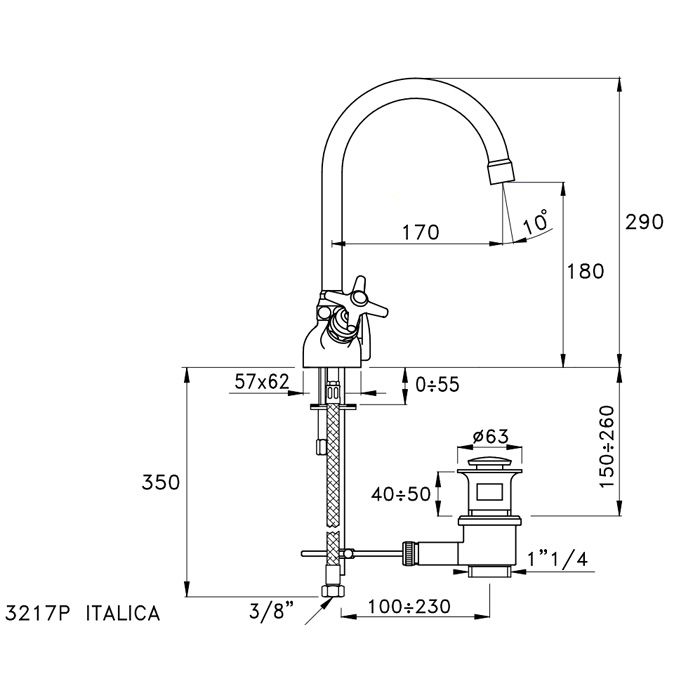 Stella Italica Смеситель для раковины на 1 отверстие 3217P с высоким изливом, с донным клапаном, цвет: хром