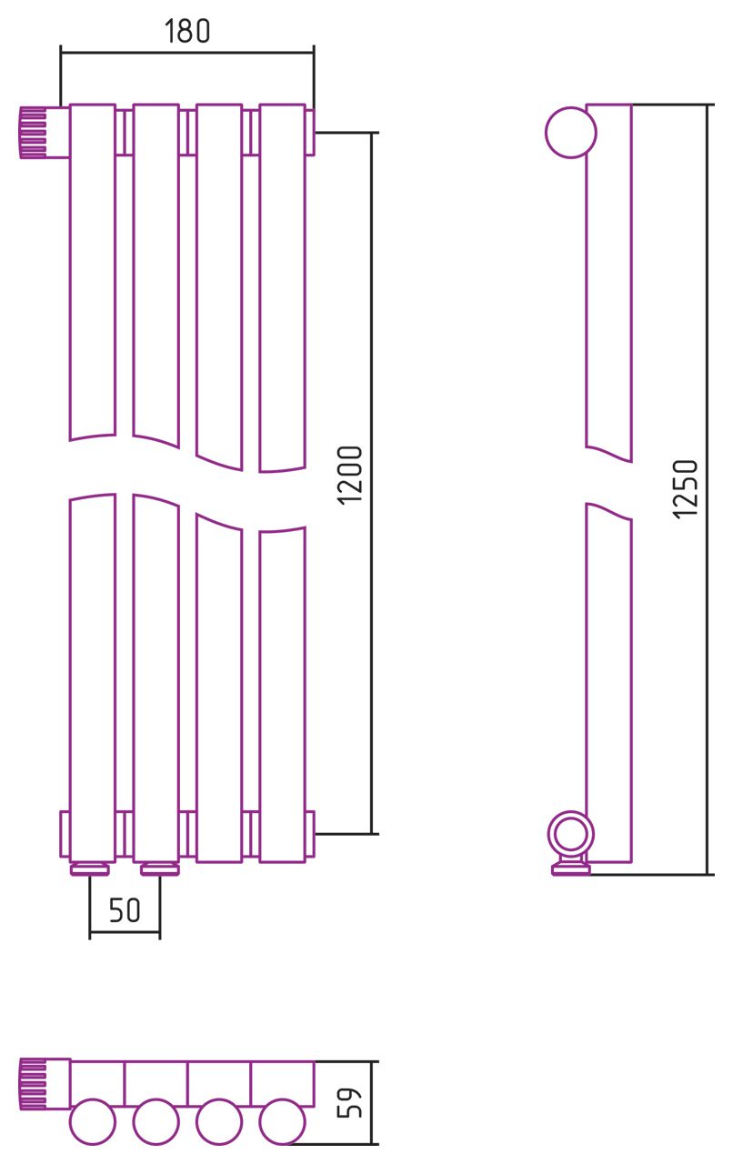 Отопительный радиатор ЭСТЕТ-1 н/ж EU50 левый 1200х180 / 4 сек (БЕЛЫЙ)