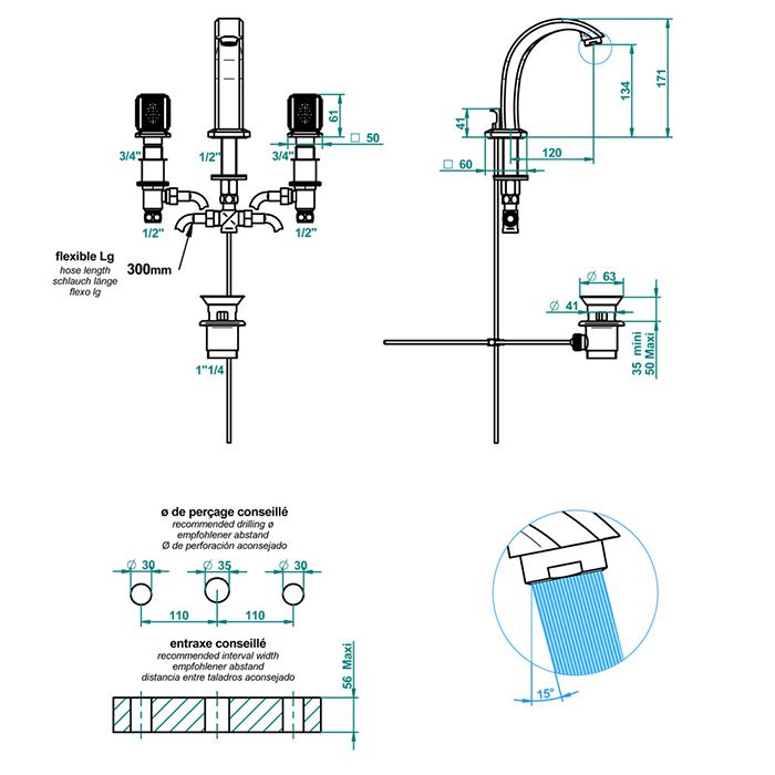 THG METROPOLIS CRISTAL CLAIR Смеситель для раковины на 3 отверстия, с донным клапаном, цвет хром