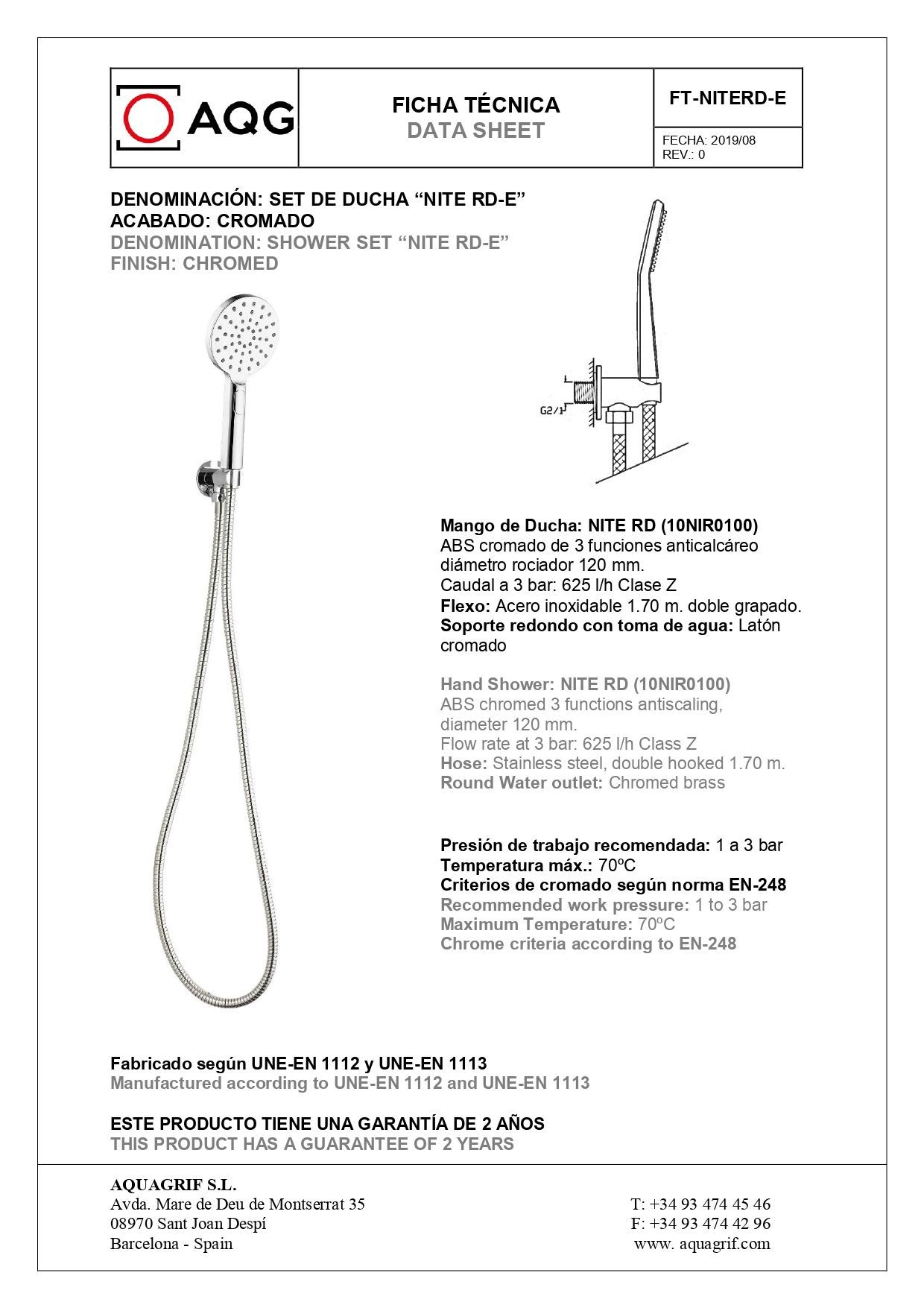 AQG, душевой комплект ER211 на 2 потребителя: с круглым верхним душем 25 см, кронштейном 35 см и кнопочным термостатом, цвет хром