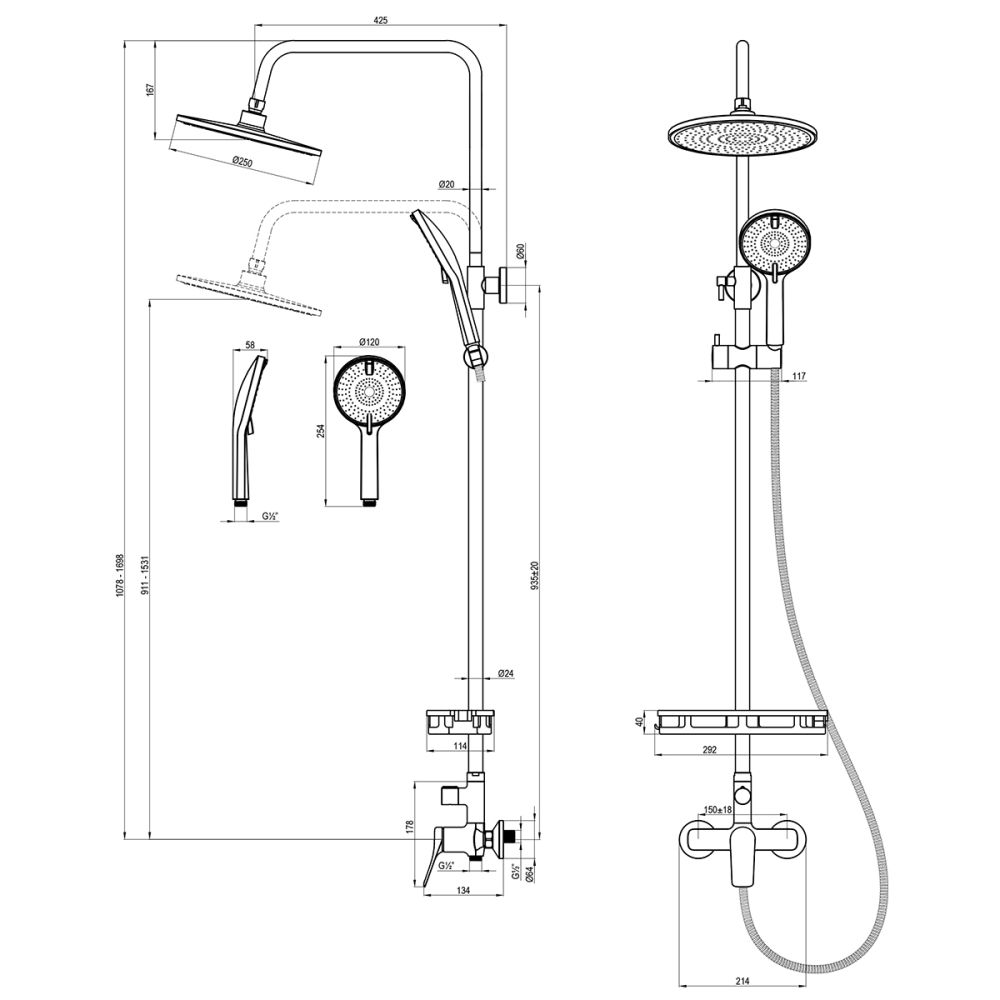 Смеситель Lemark Ortus для душа с регулируемой высотой штанги и верхней душевой лейкой "Тропический дождь" (LM11360C), артикул LM11360C