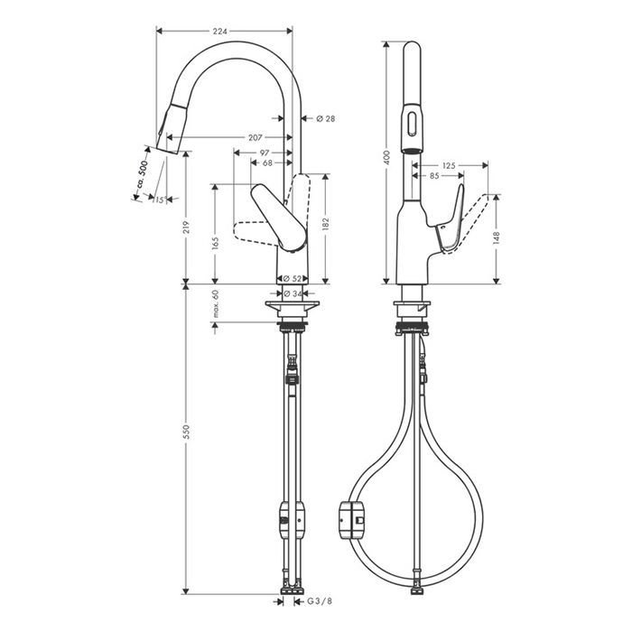 HG Focus M42 Кухонный смеситель на 1 отв, однорычажный, поворотный излив 224мм с вытяжным душем, 2jet, h134мм, цвет: под сталь HG Focus M42 Кухонный смеситель на 1 отв, однорычажный, поворотный излив 224мм с вытяжным душем, 2jet, h134мм, цвет: под сталь