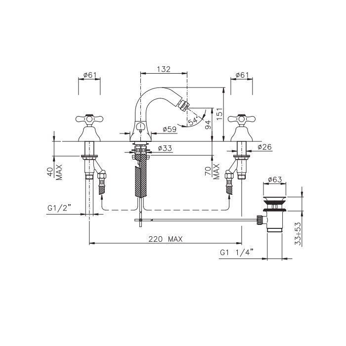 Nicolazzi Nuova Brenta Смеситель для биде на 3 отверстия, с донным клапаном, излив: 132мм, цвет: Gold Brass