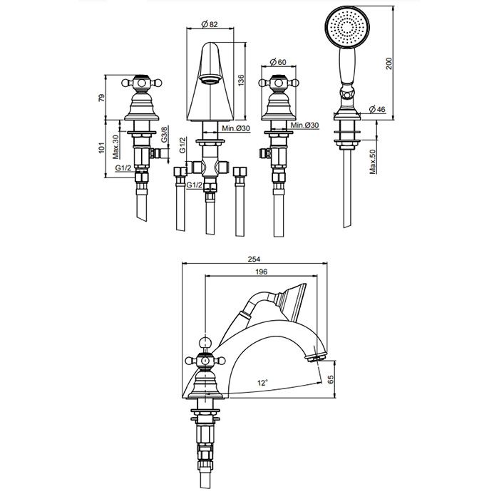 Fima Carlo Frattini Elizabeth Смеситель на борт ванны, на 4 отв., сручным душем, цвет: золото