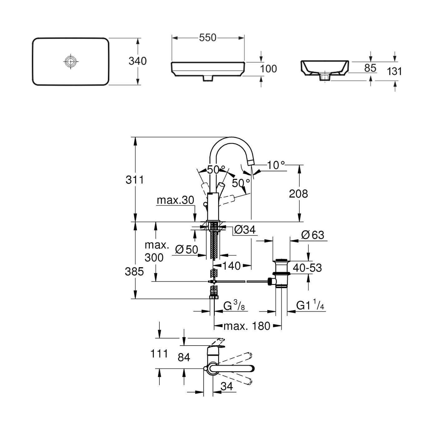 Комплект 2 в 1 Lavinia Boho Bathroom Sink Slim 21510200, накладная фарфоровая раковина 55 см, смеситель с донным клапаном