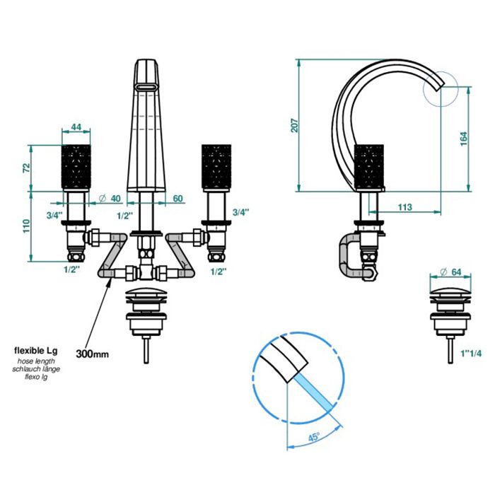 THG NIHAL PORCELAINE IVOIRE Смеситель для раковины на 3 отверстия, с донным клапаном, цвет Soft gold