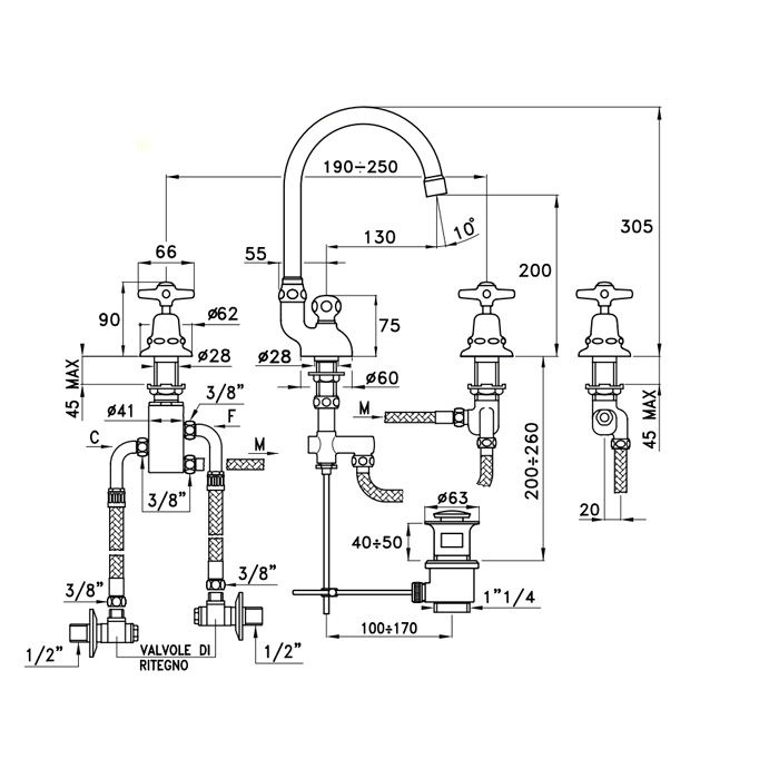 Stella Italica Смеситель для раковины на 3 отверстия 3226TC, с донным клапаном, цвет: хром