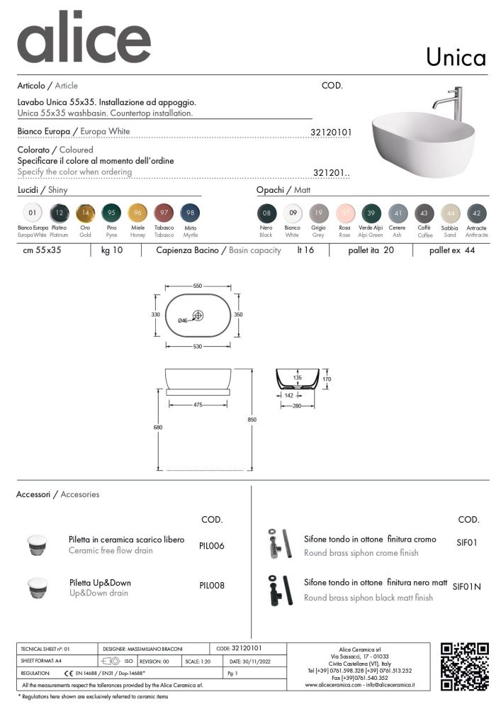 Alice Unica, накладная овальная раковина 55x36x17h см, цвет серый матовый, артикул 32120119