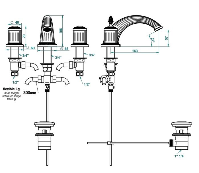 THG MALMAISON METAL Смеситель для раковины на 3 отверстия, с донным клапаном, цвет полированное золото