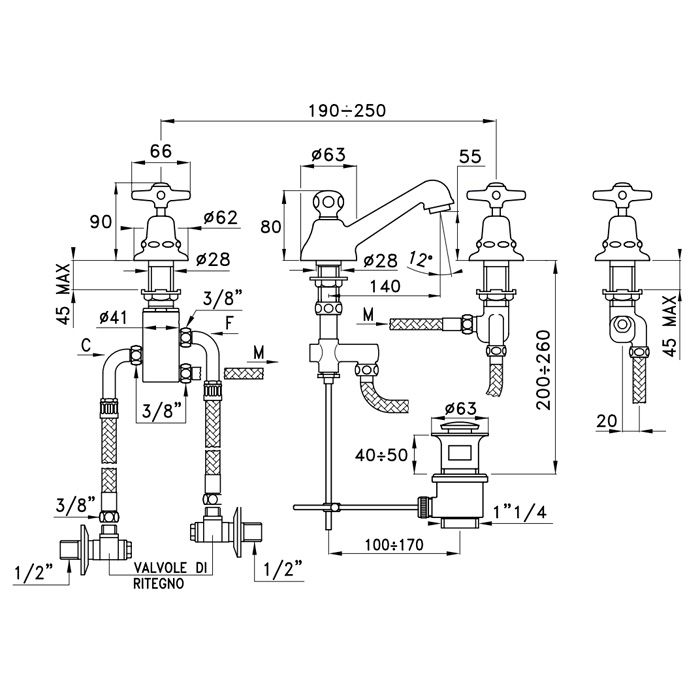 Stella Italica Смеситель для раковины на 3 отверстия 3224PTC, с донным клапаном, цвет: хром