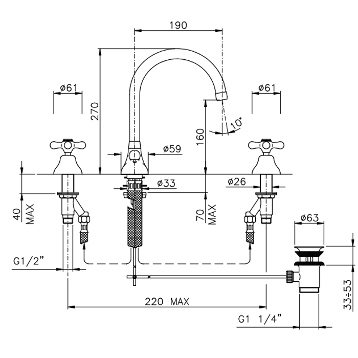 Nicolazzi Nuova Brenta Смеситель для раковины на 3 отверстия, с донным клапаном, высокий поворотный излив: 190мм, цвет: бронза