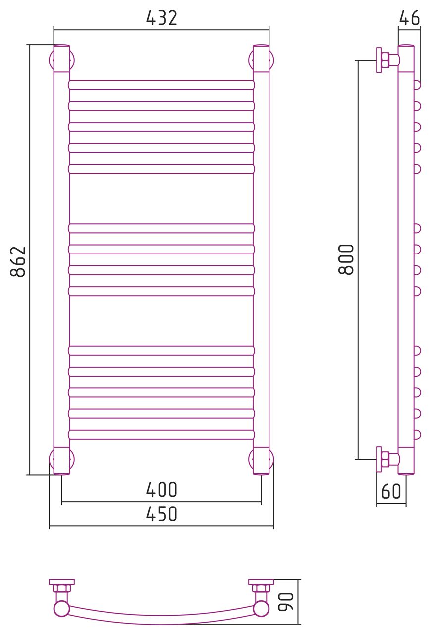 Полотенцесушитель водяной "Богема+" 800х400 (МУАР Темный Титан)
