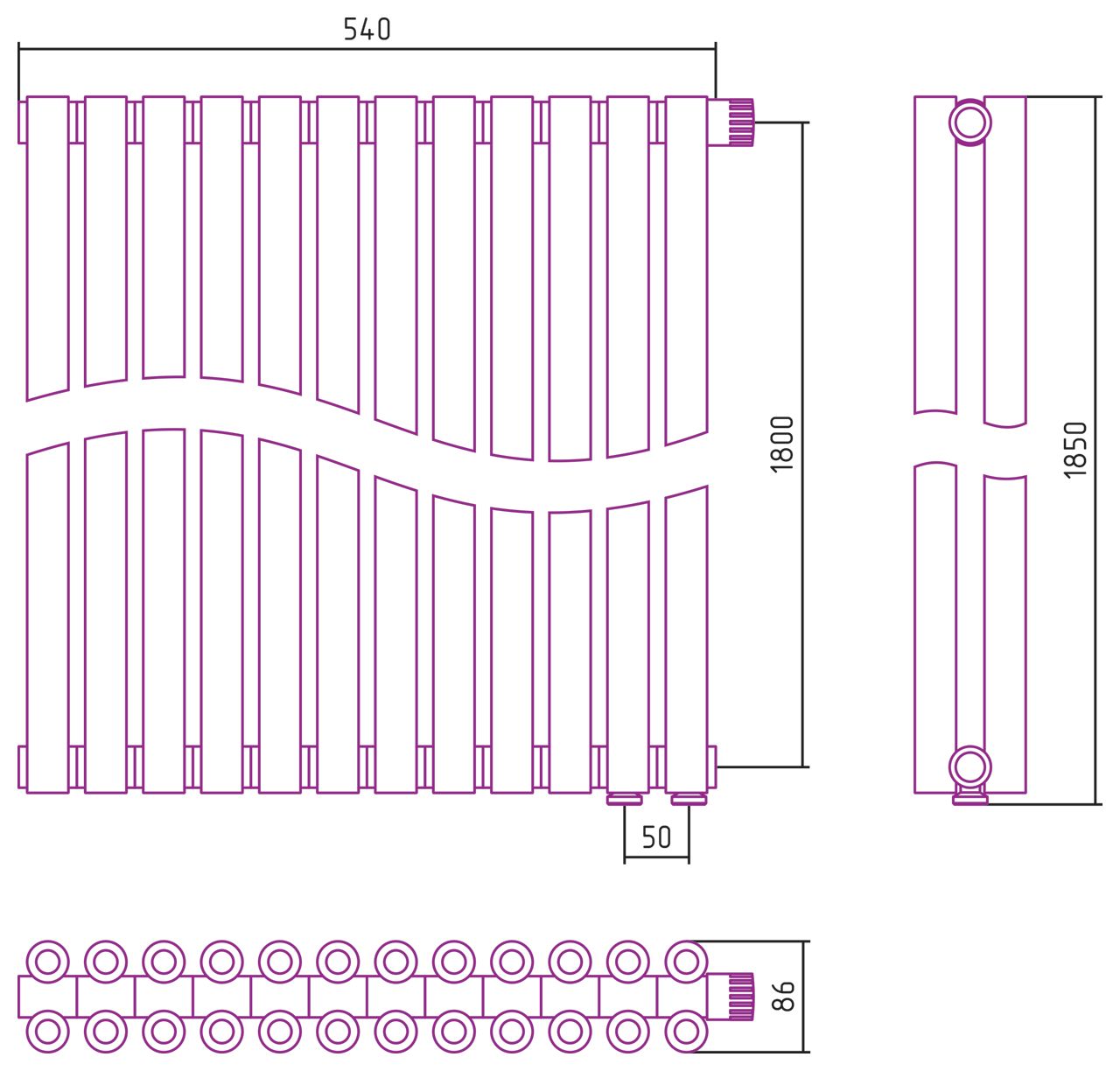 Отопительный радиатор ЭСТЕТ-00 н/ж EU50 1800х540 / 12 сек (Матовый БЕЛЫЙ)