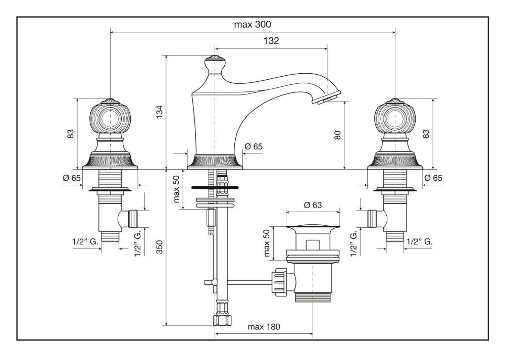 Emmevi The One Cloe, смеситель с донным клапаном для раковины на 3 отверстия. Металлические ручки, цвет бронза