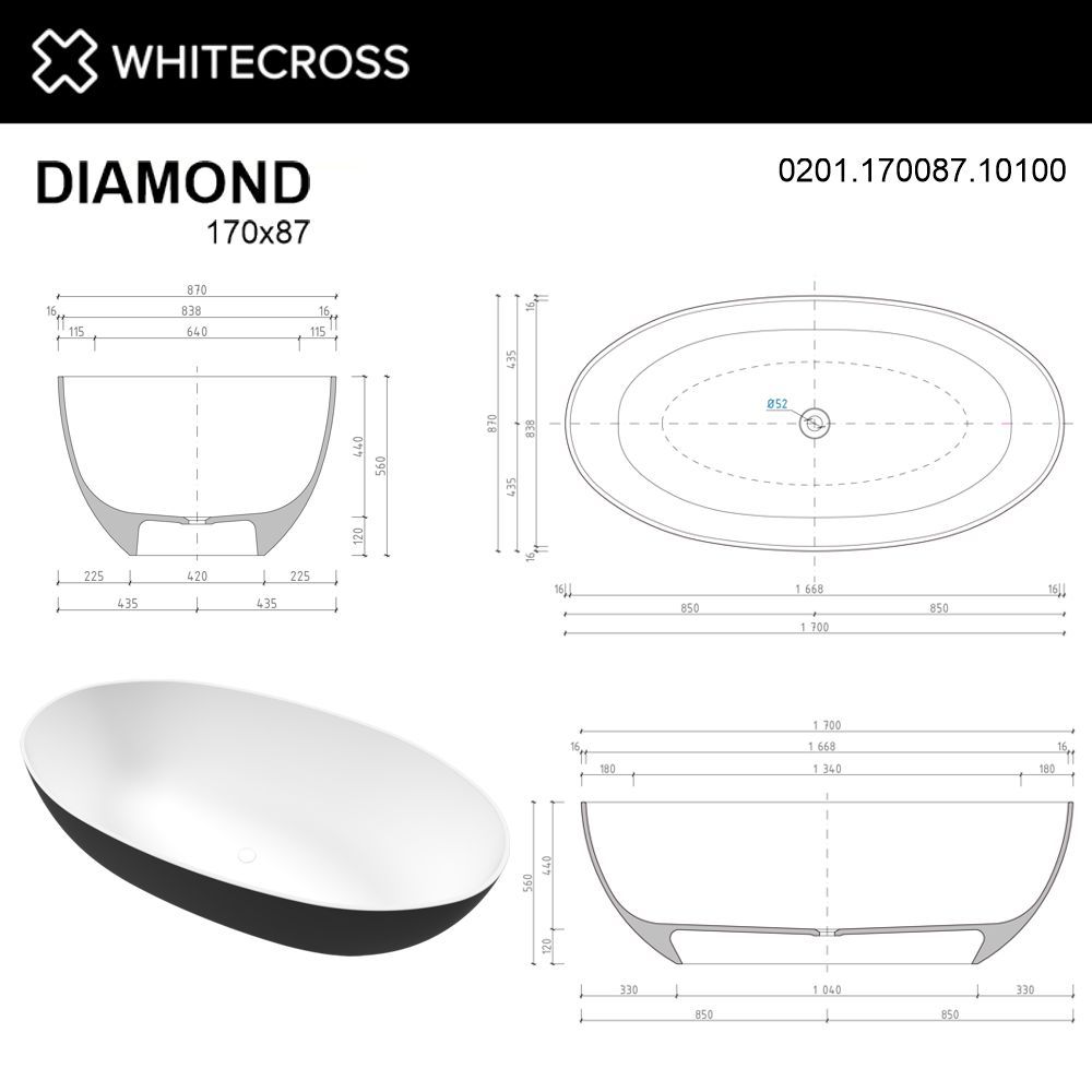 Ванна WHITECROSS Diamond 170x87 (черный/белый глянец) иск. камень