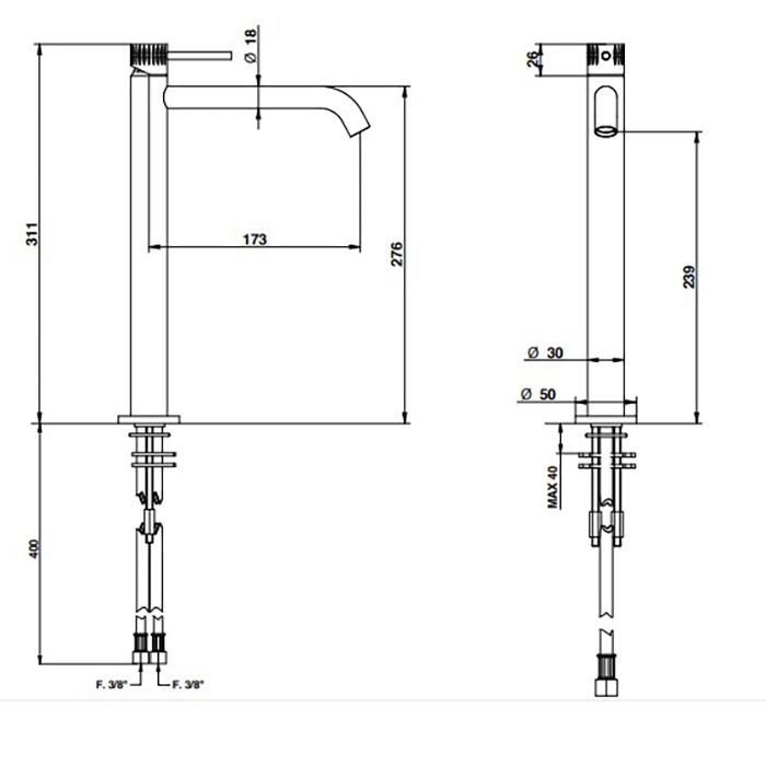 Bongio Time 2020 Смеситель для раковины высокий 311 мм, мзлив 173 мм, нержав сталь