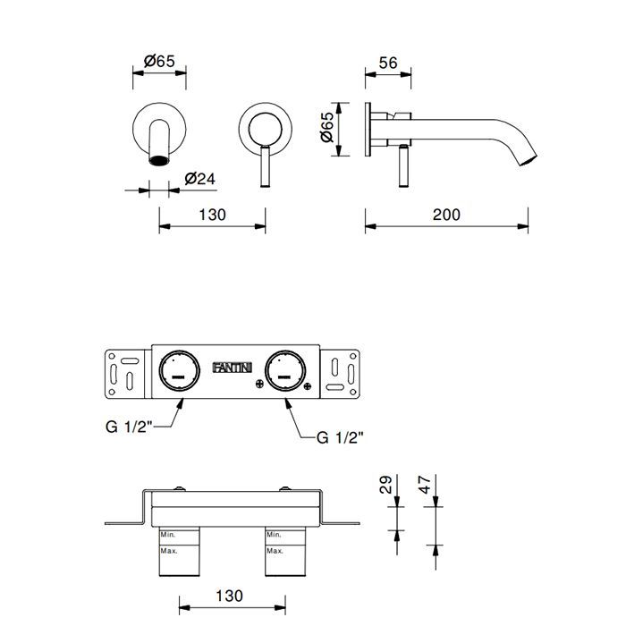 Fantini Nostromo Смеситель для раковины, встраиваемый, на 2 отв, без донного клапана, излив 200мм (наружняя часть), цвет Matt British Gold PVD