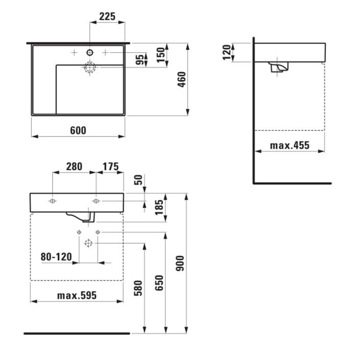 Laufen Kartell Раковина 600х460х120мм с 1 отв. под смеситель, со скр сливом, полка слева, цвет: белый