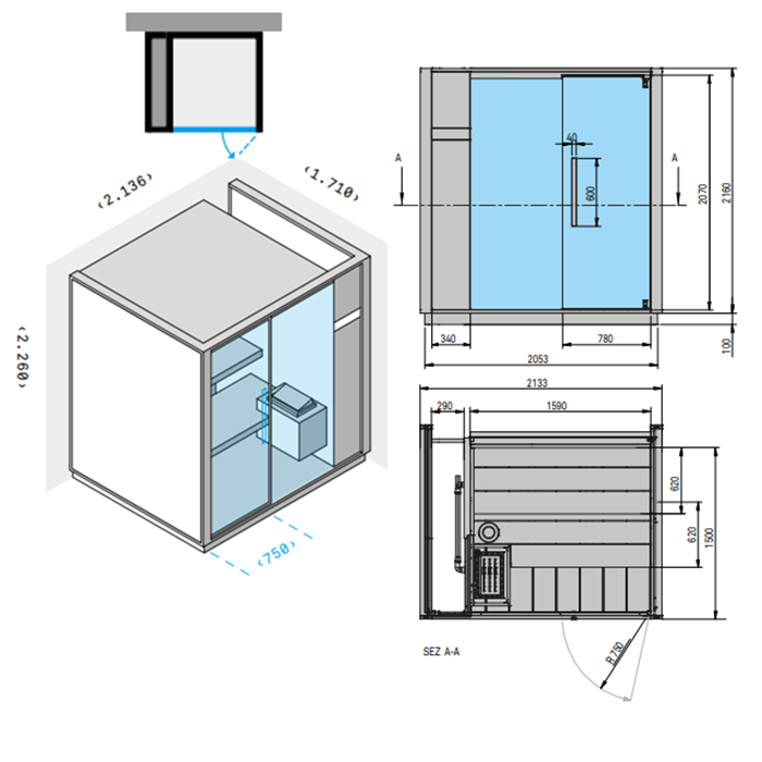 Effegibi One S Сауна пристенная L.H. 214x171xh226см, отделка: Soft Sand
