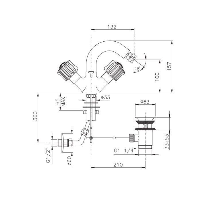 Nicolazzi Onice Смеситель для биде с 2мя ручками, с донным клапаном, излив: 132мм, цвет: золото