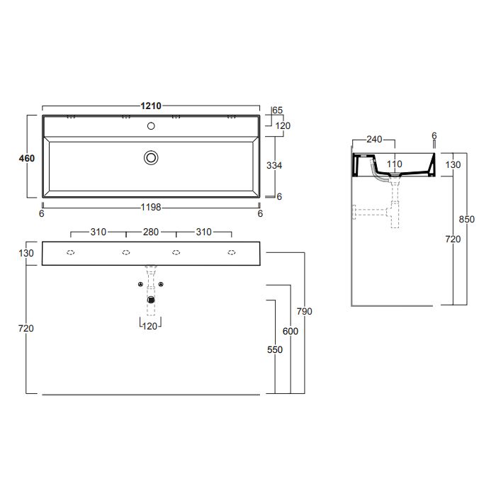 SIMAS AGILE Раковина 1210х460 см., без отв. для смесителя, с переливом, цвет nero matt